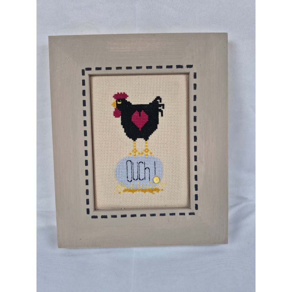 Framed Cross Stitch Chicken Ouch Kidney Stone Farmhouse Rustic Decor Funny Walll